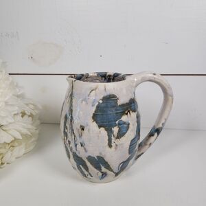 Vintage Signed Studio Pottery Pitcher Grey Blue Green Drip Glaze- Vase- Modern